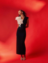 Black Zahara V-Neck gown showcasing a sleek design, perfect for evening events and special occasions.