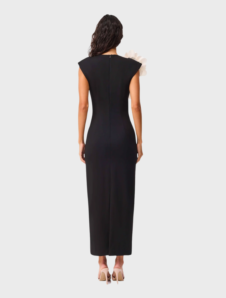 Elegant black Zahara V-Neck gown featuring a flattering silhouette and sophisticated design.