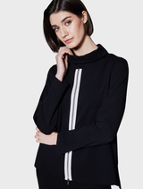 Black zip front cowl top featuring a stylish draped neckline and a modern silhouette for a chic look.