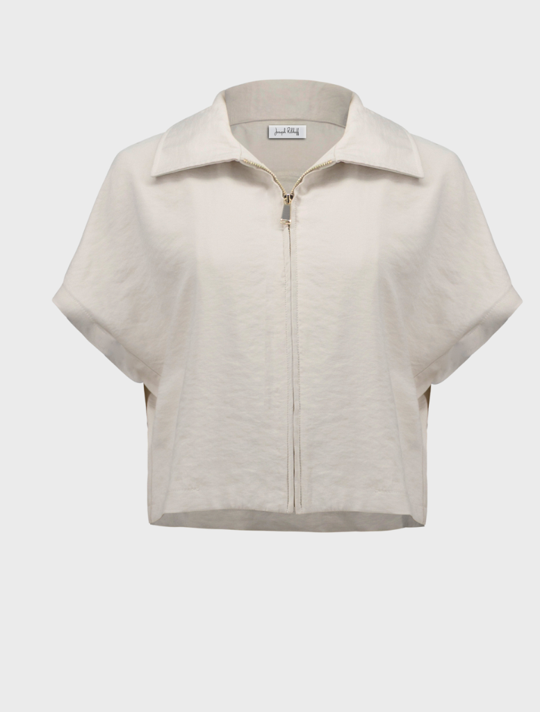 Stylish moonstone jacket with a zipper front, designed for comfort and versatility in various settings.