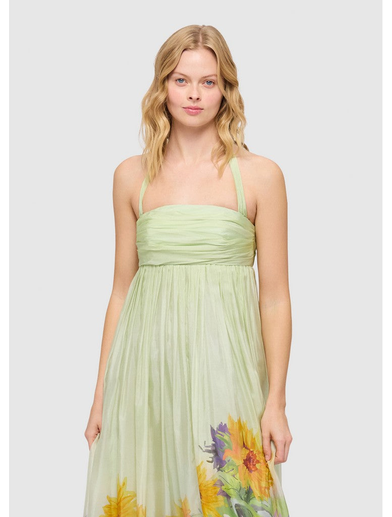 Claudette Silk Halterneck Maxi Dress - Sunflower Print in Green