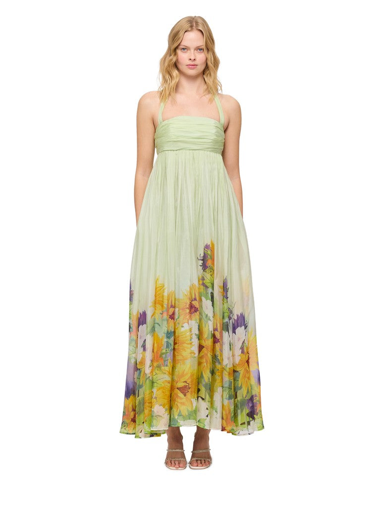 Claudette Silk Halterneck Maxi Dress - Sunflower Print in Green