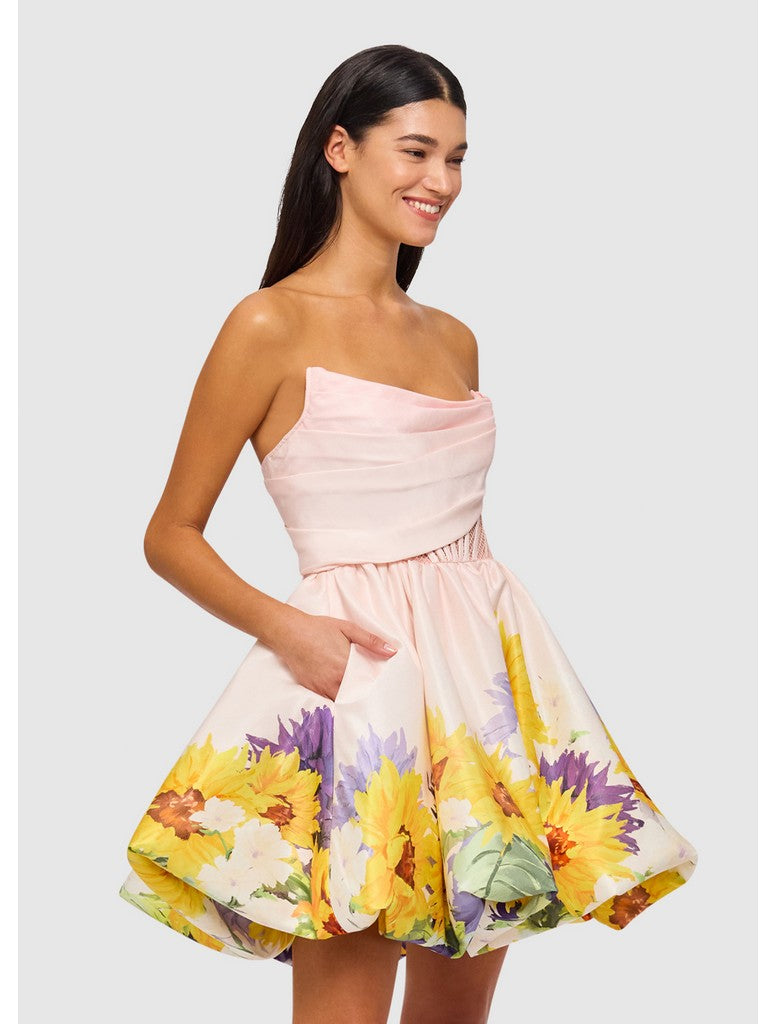 Katy Bustier Mini Dress - Sunflower Print in Pink