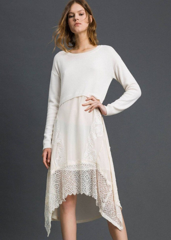 Twinset Knitted Dress with Georgette and Lace White Long Sleeve Womens Dress