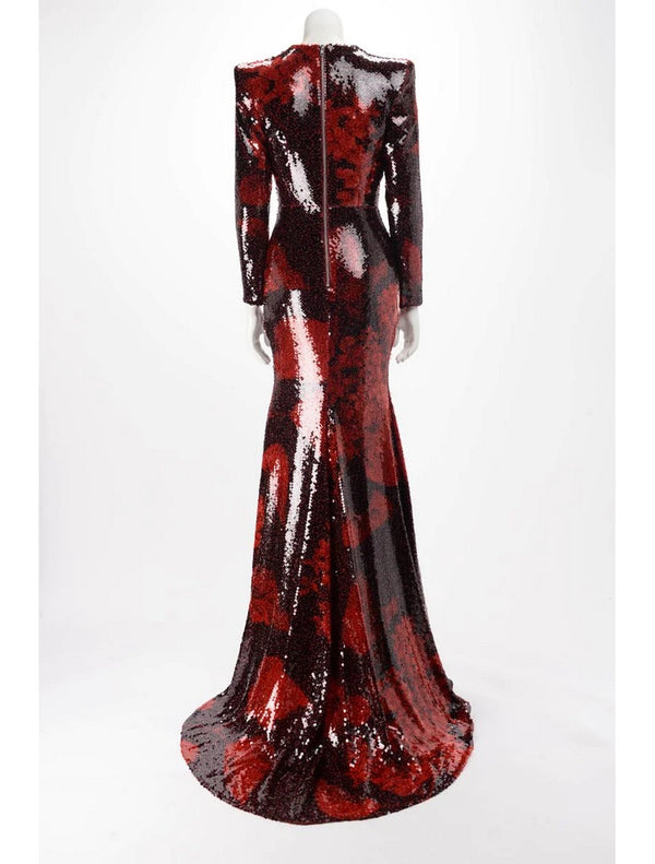 Dresden Printed Sequin Silk L/S Gown - Floral