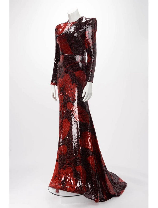Dresden Printed Sequin Silk L/S Gown - Floral